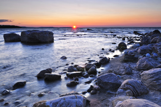 Sunset At The Rocky Shore Of Georgian Bay, Canada.