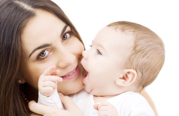 picture of happy mother with baby over white
