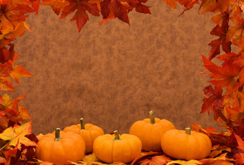 Naklejka na ściany i meble Fall leaves with pumpkins, fall harvest frame