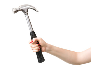 Woman hand with hammer. Isolated on white.