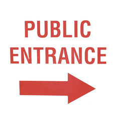 Red and white 'Public Entrance' sign with arrow