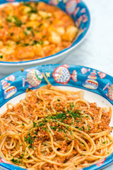 Spaghetti with Fish bolognese, gnocchi with tomato