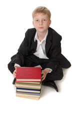 Schoolboy with a books. View from above.