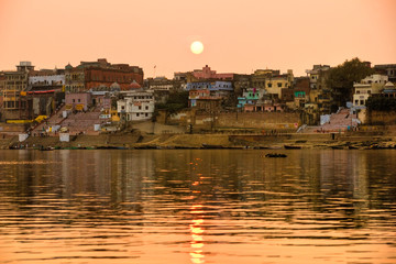 Varanasi at sunset, uttar Pradesh, from the gange river, India.
