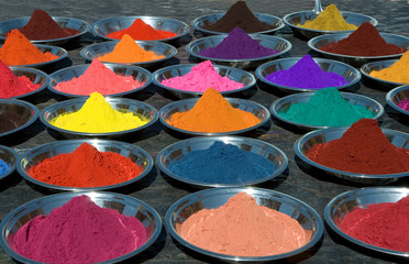 colorful tika powders on indian market, india