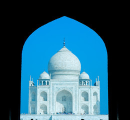 taj mahal in soft early morning light with blue sky..