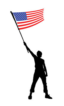 vector illustration of a young man holding a flag of usa