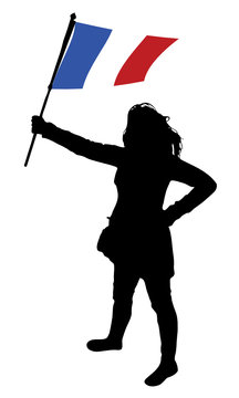 vector illustration of a young woman holding a flag of france