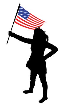 vector illustration of a young woman holding a flag of usa
