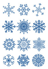 Twelve beautiful different snowflakes isolated on white