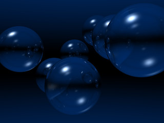 flying glass balls on dark blue background - 3d illustration