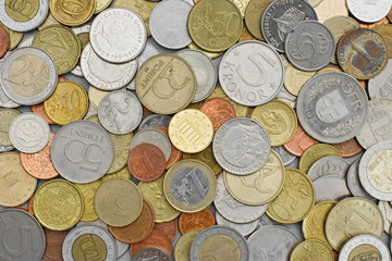 Collection of various coins seen from the top