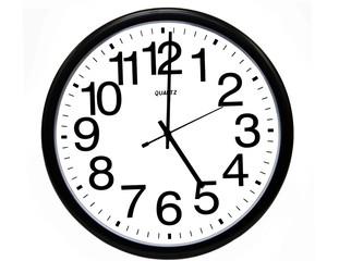 Office clock showing 5 o'clock, isolated on white