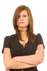 young severe woman on a white background