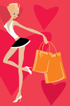 vector image of young woman with orange handbags