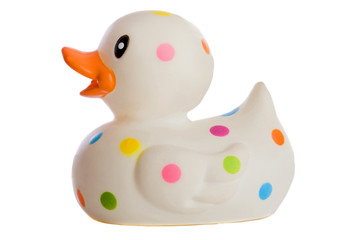 Speckled plastic duck a over white background