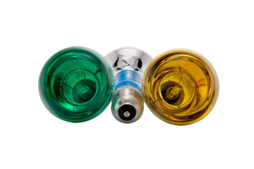 three multicoloured electric light bulbs on white background