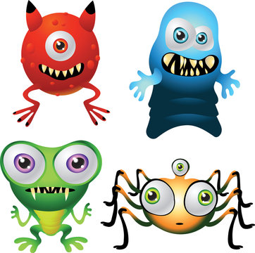 Halloween cute baby monsters, red, green, blue, orange