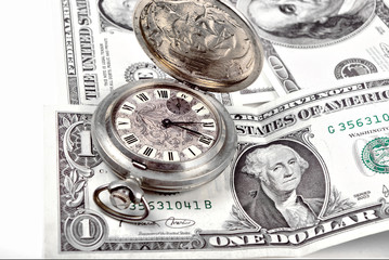 money-time.Pocket watch and dollars