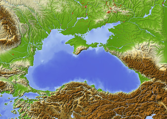 Black Sea. Shaded relief map, colored for elevation.