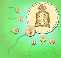 Investment, making big money. Symbols on green background