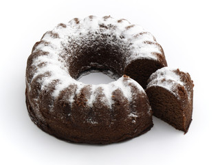 cutted chocolate cake isolated on the white background