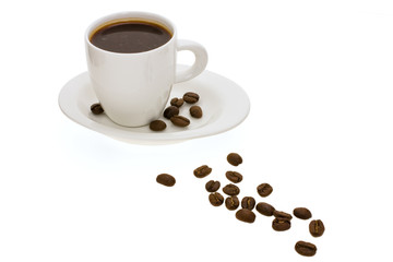 cup with coffee and grain expressed on white background