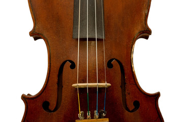 An old violin front view on isolated white background