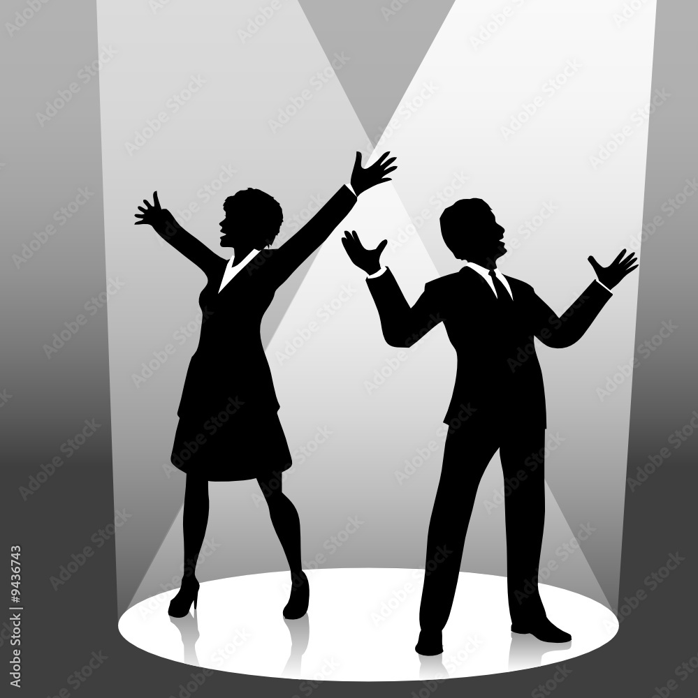 Wall mural man & woman business people silhouettes on stage spotlight