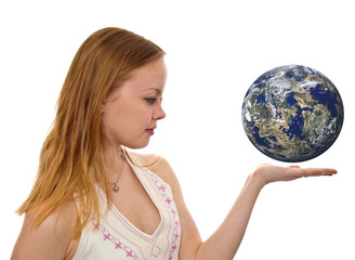 Girl presenting Earth. Isolated over white background