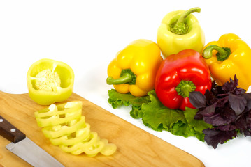 Cooking peppers on cutting boards with stainless knife