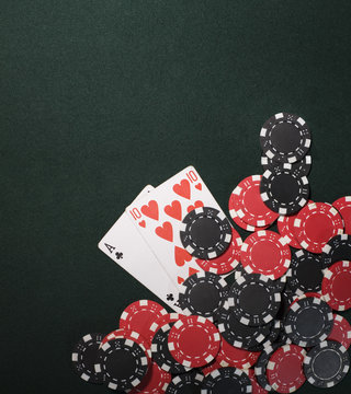 Casino chips and texas holdem poker cards in Vegas