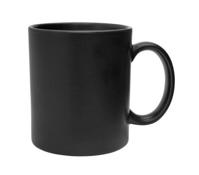 Black mug empty blank for coffee or tea isolated on white