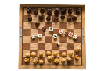 checkers and dices on the checkerboard