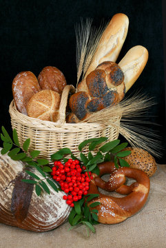 Basket filled with german bread and rolls