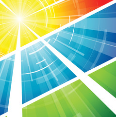 The hot summer sun with blue sky and green ground