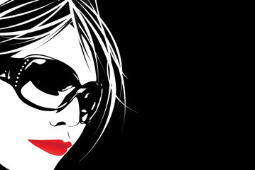 A high contrast illustration of a cute girl wearing sunglasses. - obrazy, fototapety, plakaty