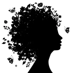 Afwasbaar Fotobehang Bloemenmeisje Bloemen hoofd silhouet