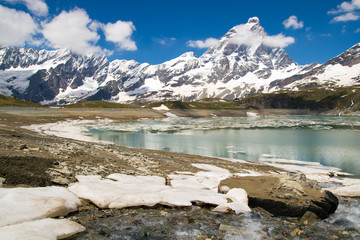 View to Matterhorn peak from environs of Cervinia (Italian Alps)