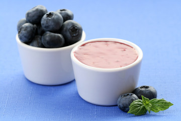 bowl of delicious blueberry yogurt and some fresh fruits