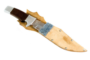hunting knife in sheath on white background