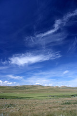 Obraz premium Rural fields landscape with fantastic white clouds, blue sky.