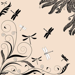vectorial illustration of floral ornament with dragonflies