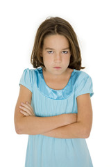 Caucasian child showing some attitude on a white background