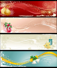 Naklejka premium Christmas banners with baubles, gift, candle and bells.