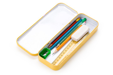Metal pencil case with white background