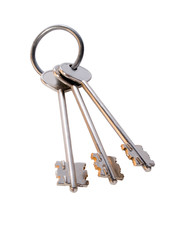 bunch of golden keys on the ring isolated on white