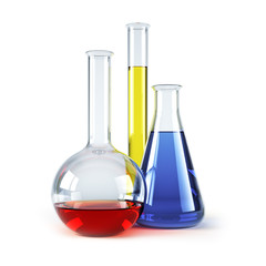 chemical flasks with reagents isolated 3d rendering