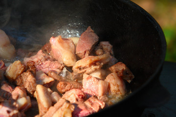 Meat preparation in a pan