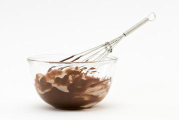 Whisk with bowl and chocolate dessert